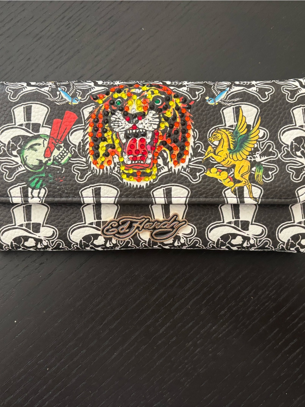 Ed Hardy Black Leather Wallet with Multicolor Tattoo Graphics